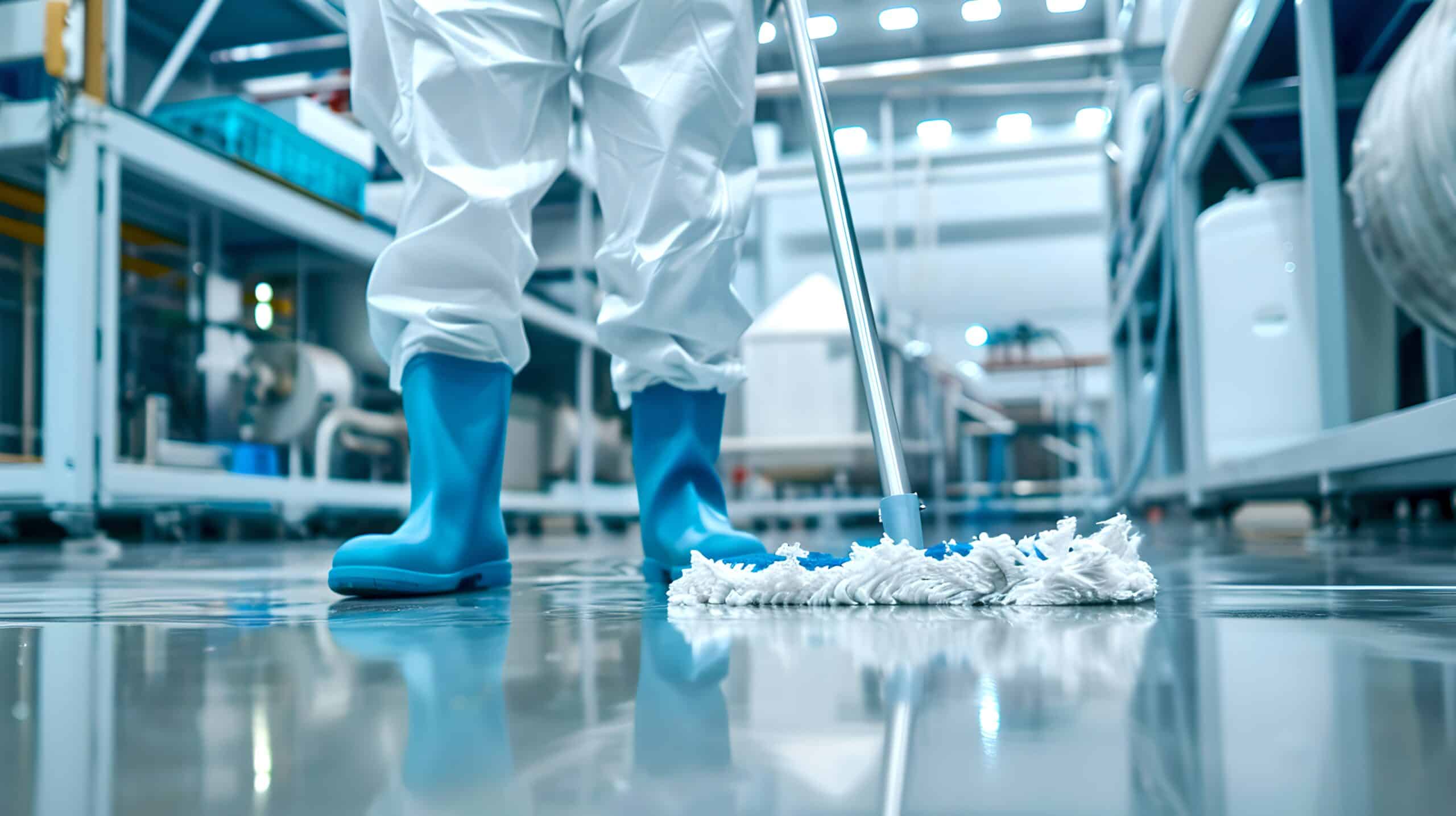 Industrial Cleanliness With A Human Touch. Factory Worker Mopping The Floor. Sterile Environment Maintenance. Professional Janitorial Services. Ai Advanced Manufacturing Capabilities with New Class 10,000 Cleanroom